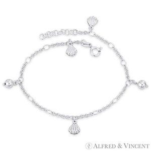Clam Seashell & Ball Bead on Cable Chain Charm Anklet in 925 Sterling Silver- 9"